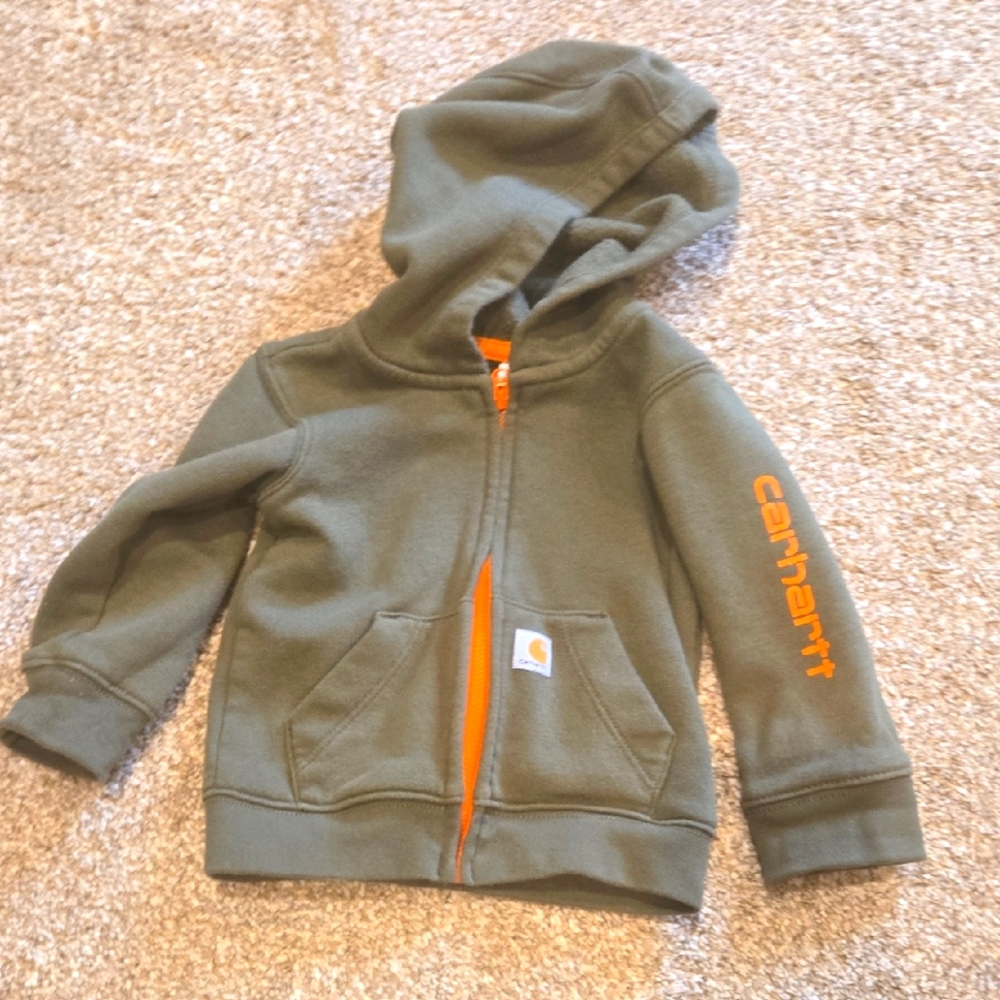 9m Carhartt Hoodie Zip Up Sweatshirt. Dark Green With Orange